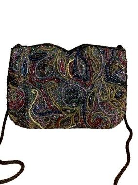 VINTAGE 1980'S BLACK W MULTI COLOR BEADED CROSSBODY BAG
